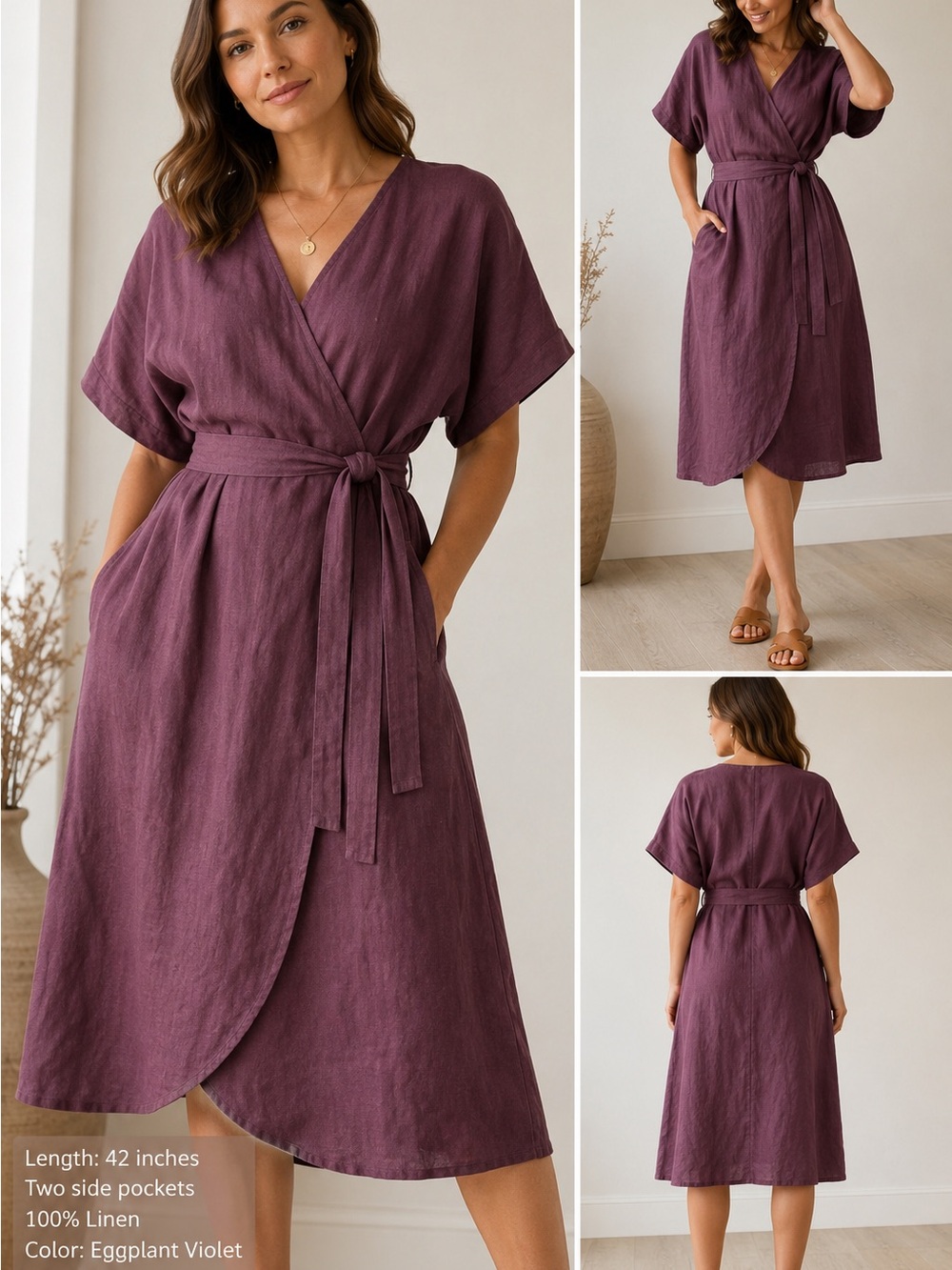 LinenFox Mimosa Eggplant Violet Linen Wrap Dress L/XL Pockets Like New